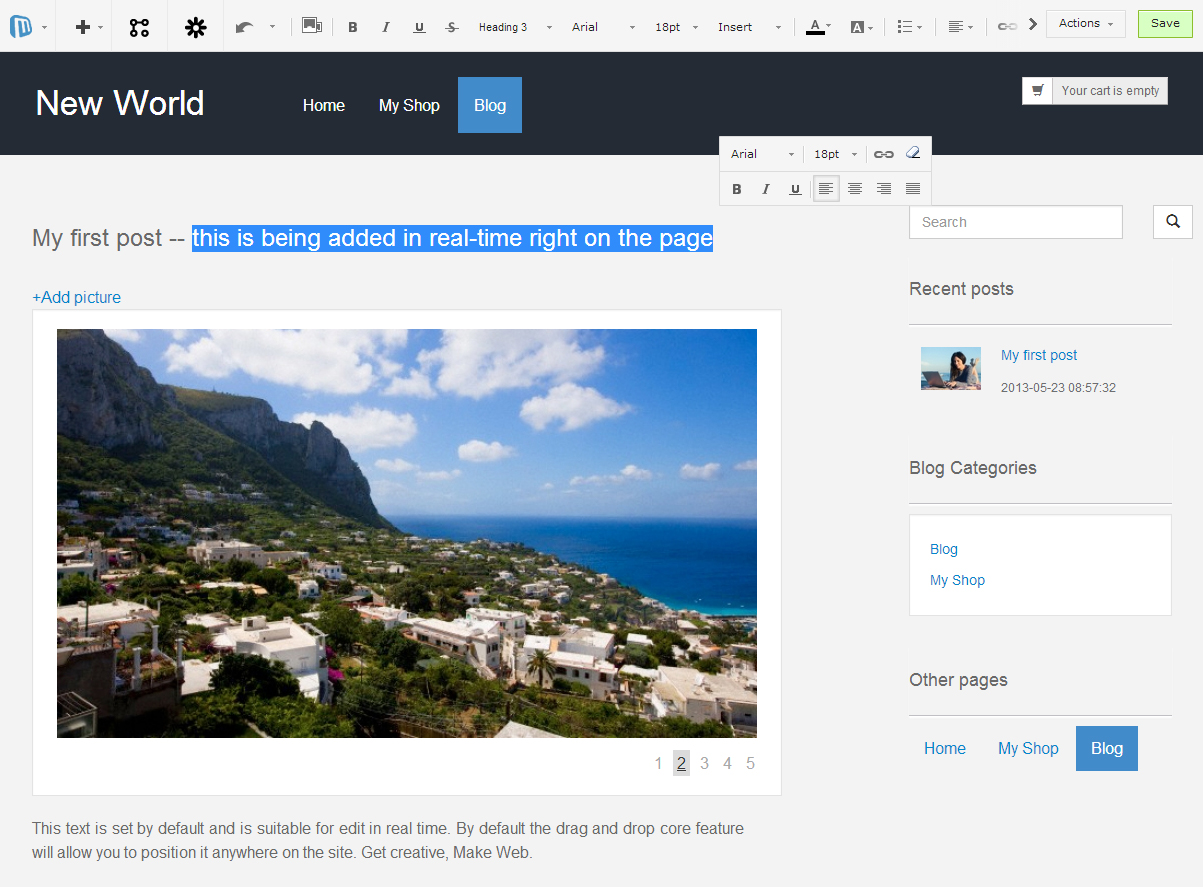 Microweber Real time text writing & editing